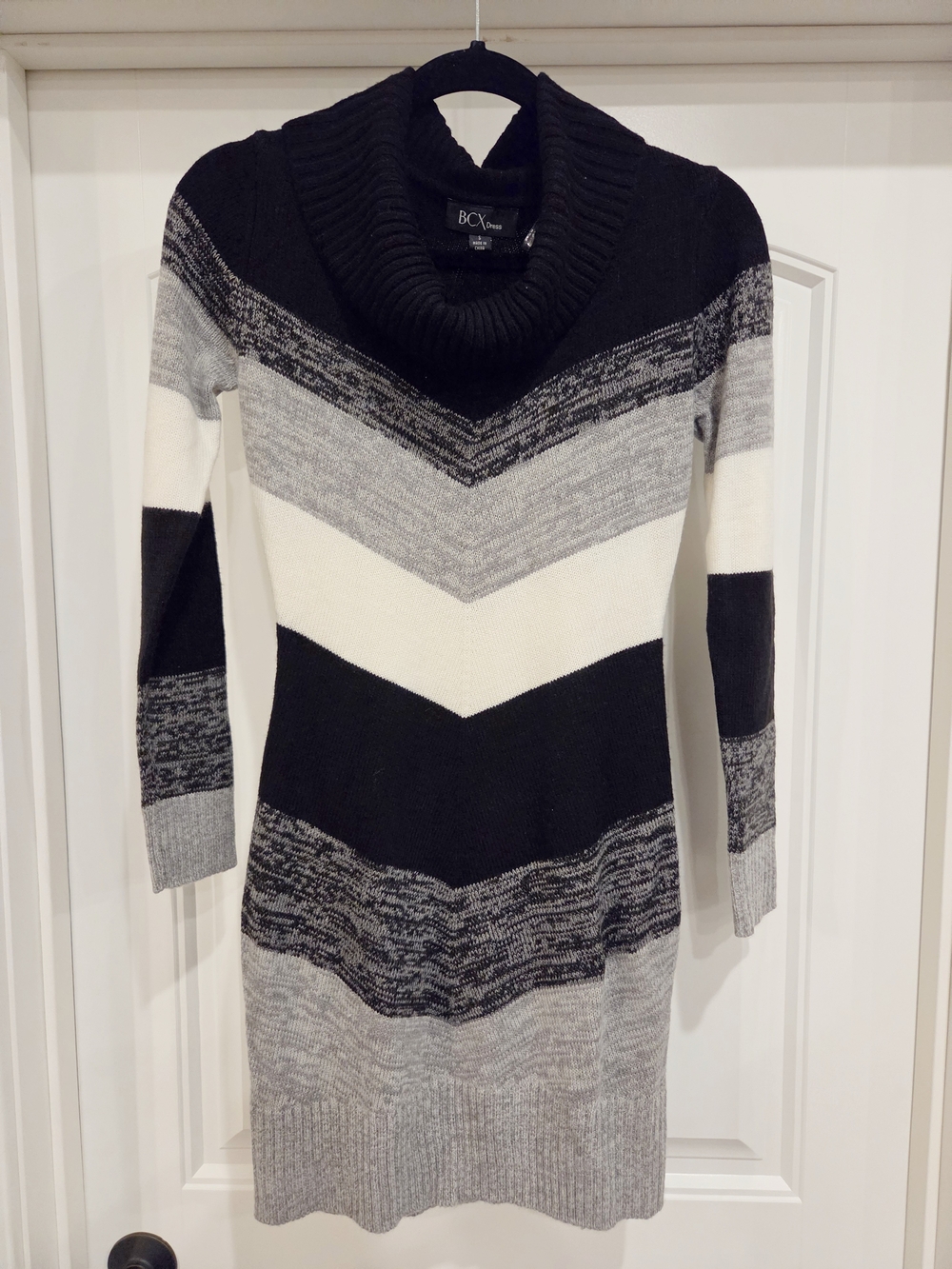 BCX Black, Gray & White Chevron Cowl Neck Sweater Dress